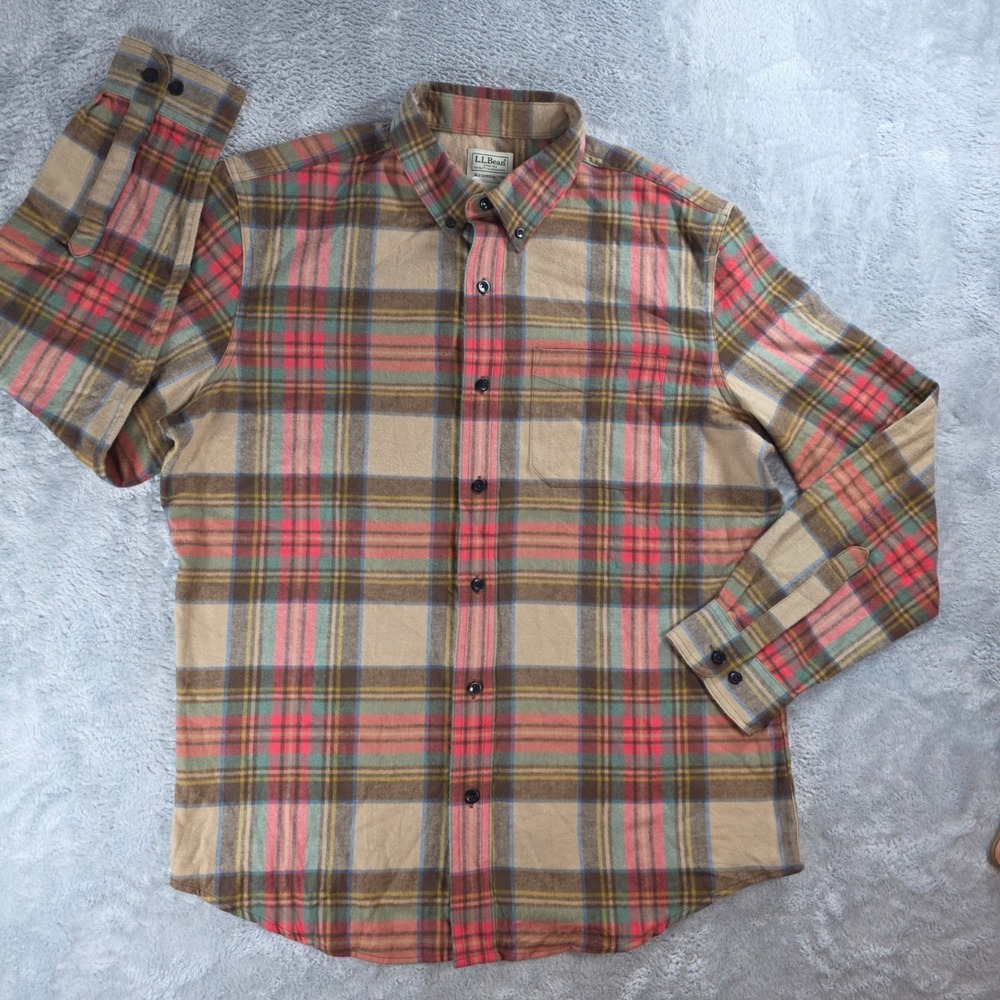 L.L. Bean Mens Large Tan Scotch Plaid Flannel Shirt Slightly Fitted NWT 298167